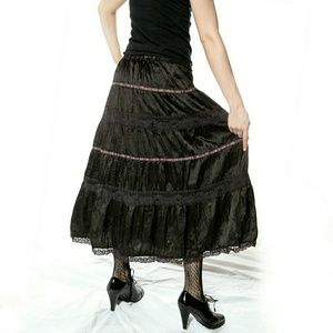 Black Satin Victorian Hippie Long Maxi lace Skirt